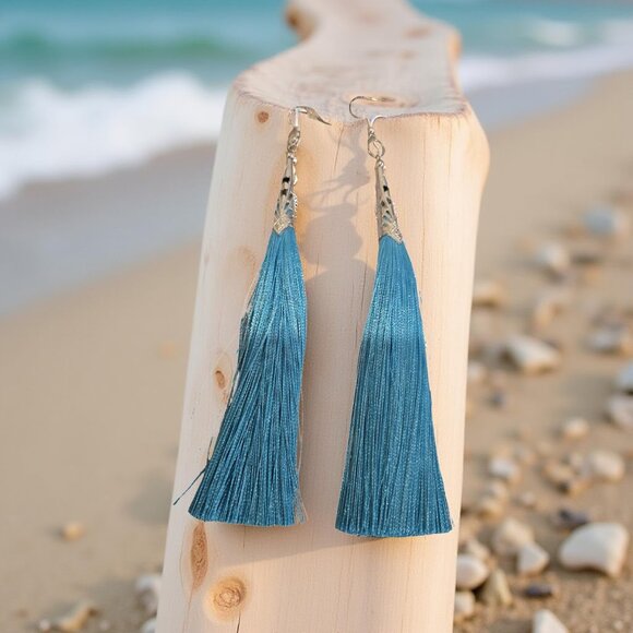 Handmade Jewelry - Turquoise Blue Tassel Earrings 3 in. long